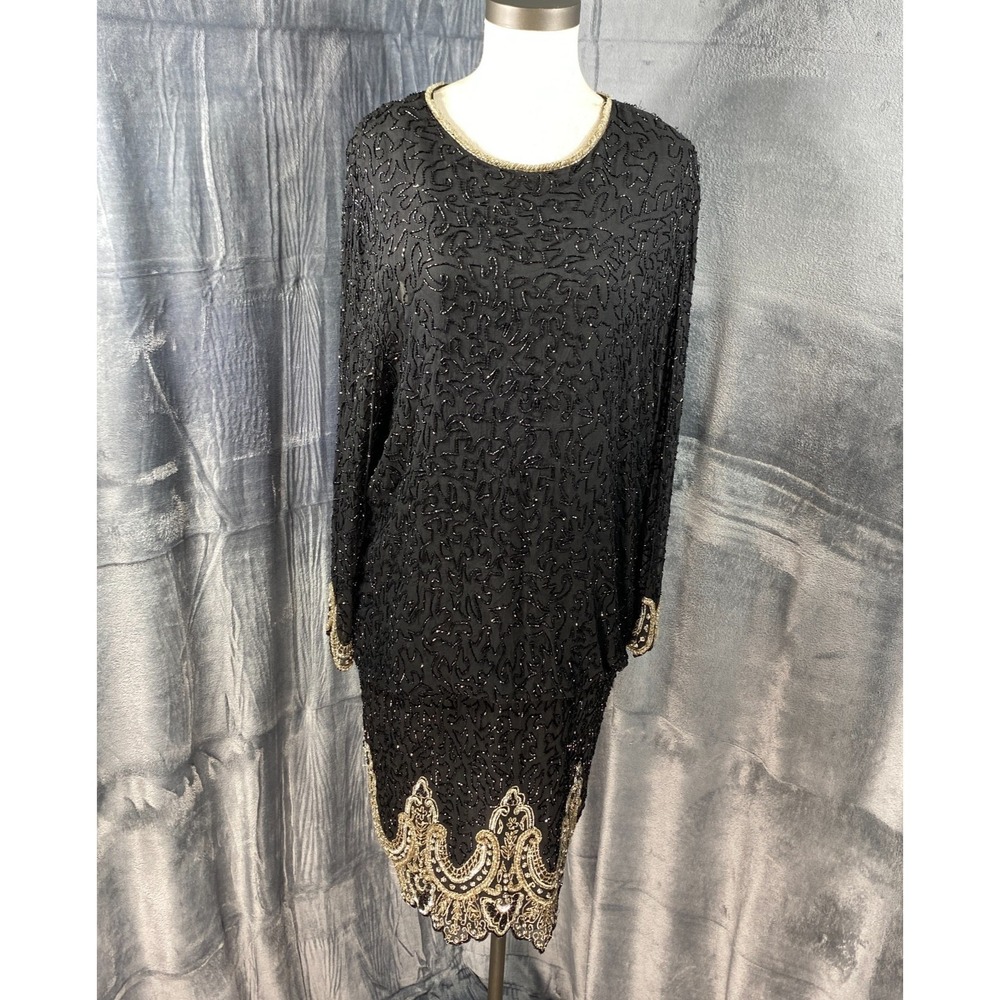 Vintage Night Vogue Dress L Silk Beaded Sequin Floral Cocktail Formal Evening